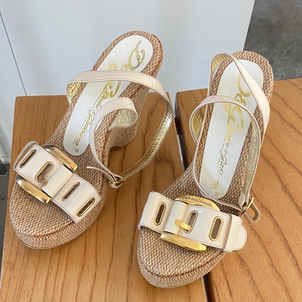 Dolce & Gabbana Cream Patent leather and Gold Wedge Sandals EU 38